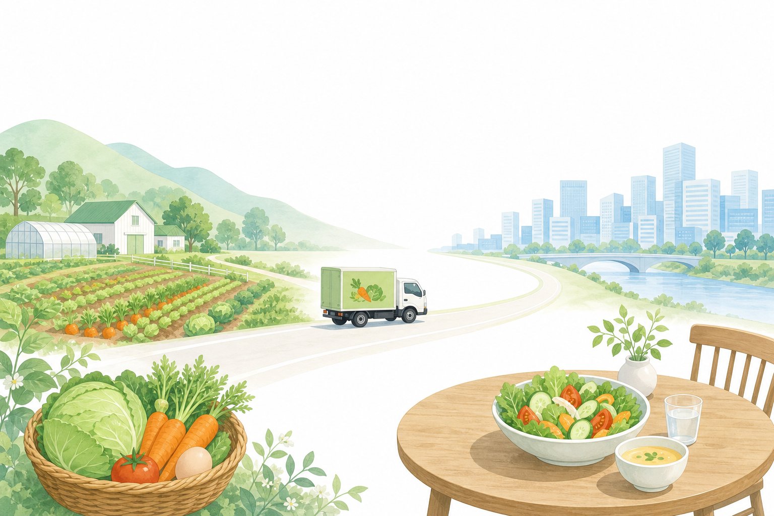 産地から食卓へ青果が届くまでの道のりを描いたイラスト