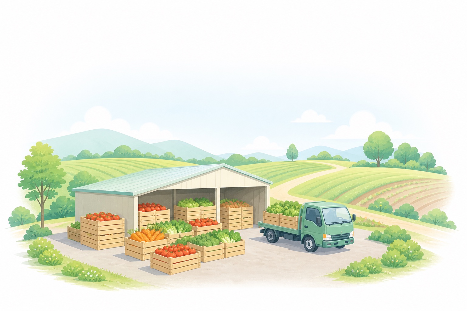 集荷拠点に積まれた野菜のコンテナと集荷トラックを描いたイラスト